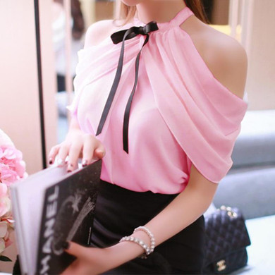 DERUILADY Off Shoulder Top Women Sexy Shirt 2018 New Summer Office Lady White Elegant Blouses Ladies Bow Chiffon Casual Blouse
