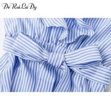 DeRuiLaDy 2018 Women summer Casual dress Ruffles V Neck Sleeveless high Waist Slim Blue Striped Dresses Sexy Backless Vestidos