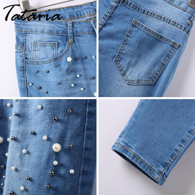 Denim Pearl Jeans Women Skinny Slim Femme Ankel Length Pearl Beading Jeans Woman 2018 With beads Low Waist Jean Women Bottom