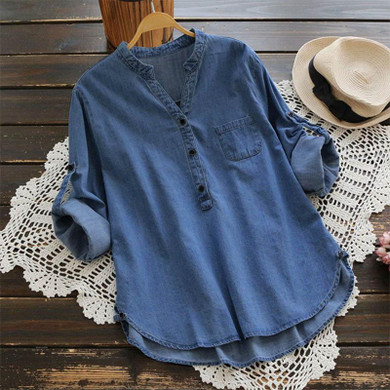 2018 Autumn ZANZEA Women Denim Blue Blouse V Neck Long Sleeve Casual Loose OL Work Shirt Party Top Buttons Blusas Plus Size