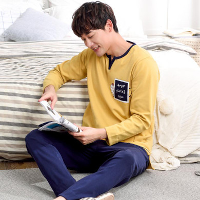 Autumn Winter Men's Casual Pajamas Long Sleeve Home Wear 100% Cotton Letter Pyjama Sleepwear Pajama Set For Men Plus size Lounge