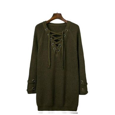 Autumn Winter Lace Up Front Knitted Sweater Women Sexy V-Neck Long Sleeve Long Sweater