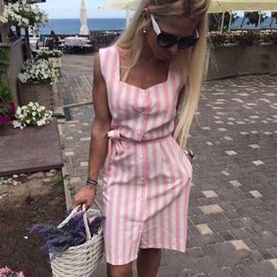 2018 fashion women's Navy blue Pink striped dress casual sleeveless Button shirt dress women Summer Beach Party dress vestidos