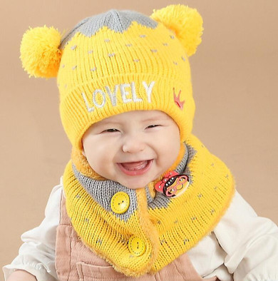 Autumn winter children boys girls hat + scarf knitted winter hat crown cap scarf beanie set