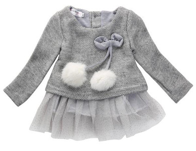 Autumn Winter 2017 Baby Girls Long Sleeve Dress Hairball Knit Lace Bowknot Princess Dresses For Girls Infant Red Pink Gray