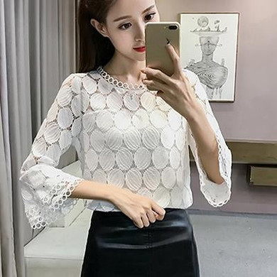 Autumn Spring Women Lace Hollow Out Blusas Femme Fashion Flare Sleeve Blouses Shirts Ladies Slim O-Neck Tops Korean Female Shirt