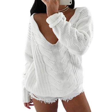 LASPERAL 2017 New Fashion Women Cable Knit Sweaters Pullovers Casual Loose Autumn Winter Sexy V Neck Twist Knitwear Jumpers 2XL