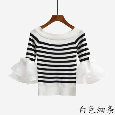 2018 fashion korean crop top white sweater women organza flare sleeve stripes knitted pullover blusa woman slash neck knit shirt