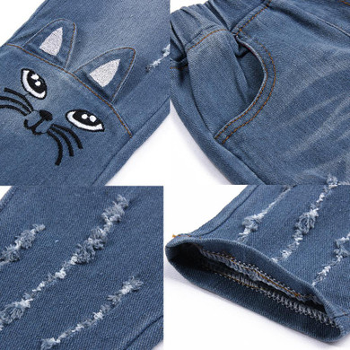 2018 Fashion Children Girls Jeans cute cat print Pants With Ruffles Denim Pants Spring Summer Clothes Girls Cute Kids Jeans