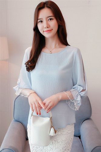 2018 fashion chiffon women's clothing summer half sleeve light blue women shirt blouse sweet o-neck women's tops blusas D740 30