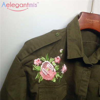 Autumn Flower Floral Embroidery Shirt Designs Blouse Women Cotton Military Army Green Shirt Long sleeve Button Pocket Jackets