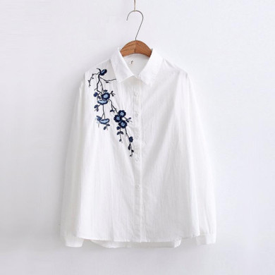 Autumn Floral Embroidery White Long Sleeve Women Blouses Blue Striped Shirt Cotton Casual Women Tops Blusas 2018 Fashion shirt