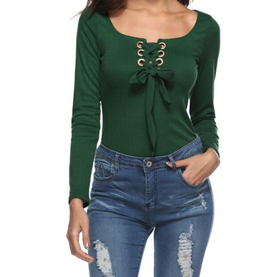 Autumn Fashion Long Sleeve Casual Bandages Strapless Solid Color Women Tops T-shirt