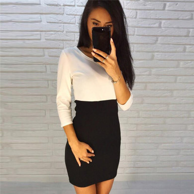 Autumn Dress 2017 Casual Patchwork Mini Dresses O-Neck Three Quarter sleeve Bodycon T Shirt Dress