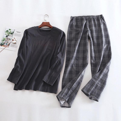 Autumn cotton pajamas for men solid long sleeve and grid pants lounge&amp;home sleepwear clothes man's pajamas set