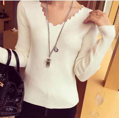 2018 Woman Sweater V-neck Long Sleeve Solid Color Knitted Sweaters Retro Autumn Winter Sexy Tight Bottoming Knitted Pullovers
