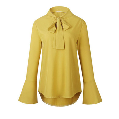 2018 Woman Shirt Office Lady Elegant Flare Long Sleeve Blouse Women Chiffon Blouse shirt Casual Bow Tied Neck Blouse Solid Tops