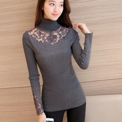 2018 Spring Autumn Women Sweaters and Pullovers Turtleneck Lace Crochet Slim Knitting Sueter Mujer Pull Femme Maglioni Donna Y47