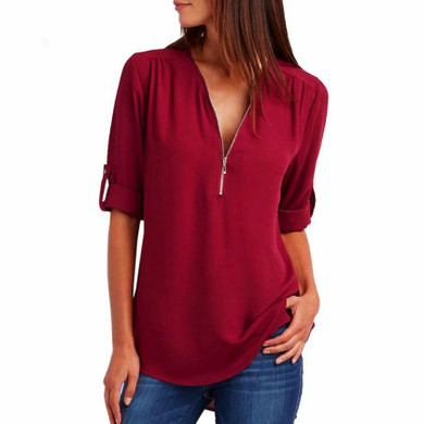 2018 New Spring Summer Fashion Women Tops Casual Street Half Sleeve V-Neck Blouse Loose Plus Size Zipper Chiffon Blouse Shirts