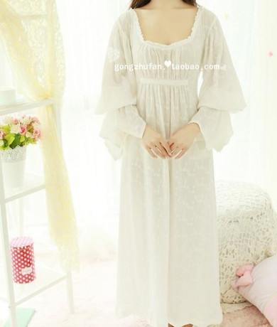Free Shipping 100% Cotton Prinsty Nightdress  Women's  Nightgown Long White Pijamas Embroidery Sleepwear nightdress feminino