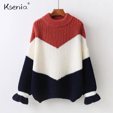 Ksenia Butterfly Sleeve Women Patchwork sweaters and pullovers 2017 Autumn Winter Casual O-Neck Loose Knitted Pull Femme Jumper