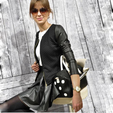 Rogi Spring Autumn Fashion Women Short Basic Jackets Coat PU Leather Patchwork Slim Zipper Lady Jaqueta Outwear Casaco Feminino