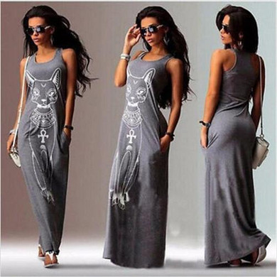 Rogi Cat Print Long Maxi Dress Summer Boho Beach Bodycon Dresses Vintage Sundresses Evening Party Dress Vestidos Mujer Plus Size