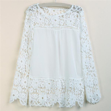 Rogi Blusas Femininas 2017 Women Chiffon White Blouses Long Sleeve Lace Shirts Tops Hollow Out Crochet Blouse Camisas Plus Size