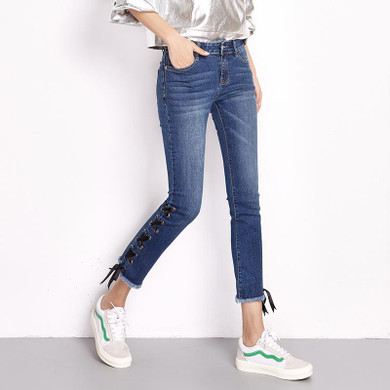 LEIJIJEANS New Arrival Spring Plus Size Eyelet Lace Up Bleached Mid Waist Ankle Length Skinny Micro Flare Women Stretch Jeans