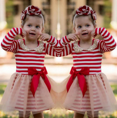 Girl Enfant Clothes Stripe Bow Tulle Party Ball Gown Dress Long Sleeve Toddler Kids Baby Girls Clothing Dresses Xmas Princess