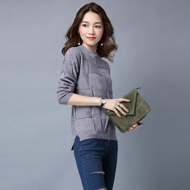 2016 Autumn Winter Women Sweater Plaid Thick Knitting Knitted Pullover Long Sleeves Women Casual Sweater Tops Knitwear Y1009-80E