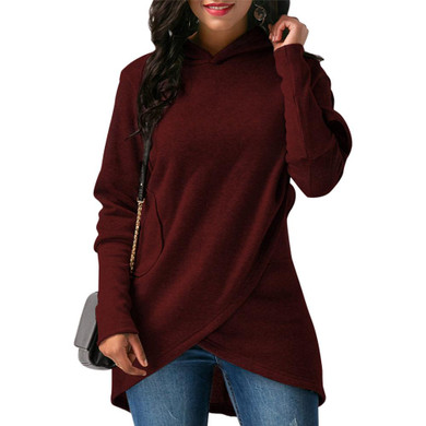 Autumn Winter Women Hooded Hoodies Long Sleeve Sweatshirt Asymmetric Hem Wrap Hoodie Casual Outwear Tops Pullovers JL