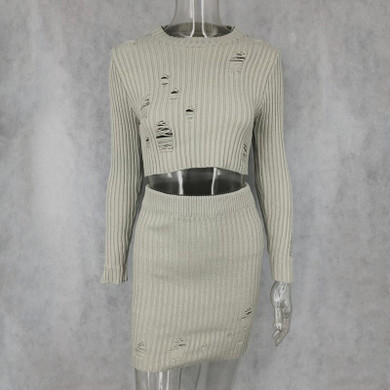 Autumn Winter O-neck Hollow Out Kintted Office Dress Sexy Party Mini 2 Pieces Outfits Dresses Women Bodycon Vestido Plus Size
