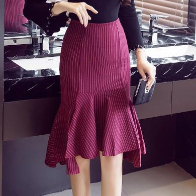 Autumn Winter New Striped Ruffles Hem Fashion Women's Skirt High Waist Slim Sexy Mermaid Skirt Office Lady Midi Skirt S-5XL
