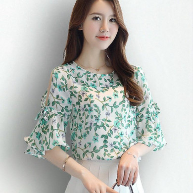 2018 Chiffon Floral Print Blouses For Women Ladies Fashion O-Neck Flare Sleeve Blusas Tops Female Cold Shoulder Summer Shirts