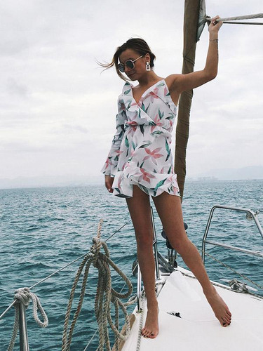 Asymmetry Floral V-neck Falbala Mini Dress