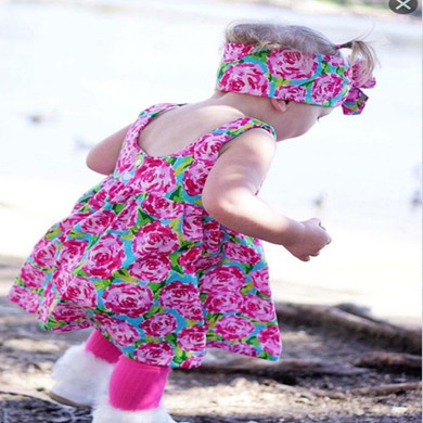 girls party Full dress kids 2017 Toddler Baby Kids Girls Floral Princess Dress Headbands Clothes Outfit Set LR35