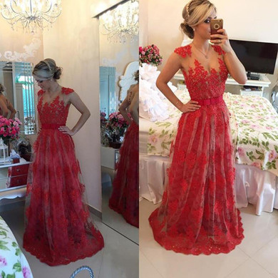 Lace Applique Scoop See Through Back Prom Dresses 2017 New Red Sleeveless A Line Lace Applique Evening Dresses