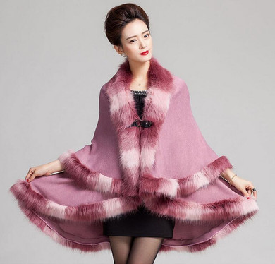2016 Autumn Winter Warm Fake Fox Fur Long Knitted Poncho Cape Cloak Oversize Wool Cashmere Sweater Women Cardigan Coat MY38
