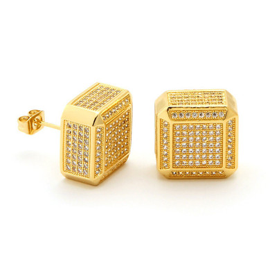 King Ice 14K Gold 3D Cube CZ Earrings