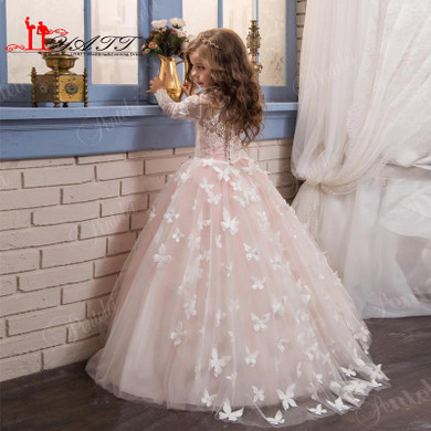 Arabic 2017 Pink and White Flower Girl Dresses for Weddings with 3D Floral Flowers Train First Communion Dress for Girls