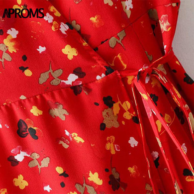 Aproms Sweet Red Floral Print A-Line Dress Summer V-Neck Wrap Bow Tie Split Dress 90s Streetwear Casual Dresses Vestido Sundress