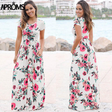Aproms Sweet Floral Print Long Maxi Dress Women Fashion 2018 Short Sleeve Festival Party Dresses Female Tunic Dress Plus Size