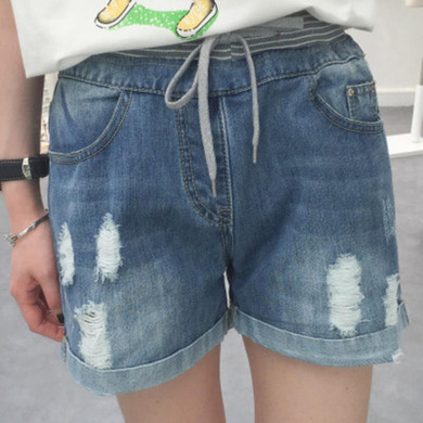 free shipping 2017 summer new women big size high waist elastic waist hole female shorts