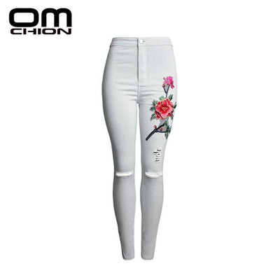 2017 Spring High Waist Ripped Jeans For Women Fashion Skinny Denim  Pencil Pants Slim Flower Embroidery Jeans  QNZ15