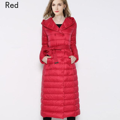 Hot 2016 Snow Winter Women's Anorak 90 % White Duck Down Jacket with Belt Longer Section Knee Hooded Double Breasted Jackets