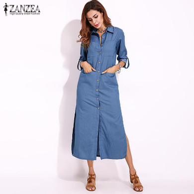 2017 ZANZEA Women Autumn Denim Blue Long Sleeve Turn-down Collar Buttons Down Casual Split Long Shirt Dress Vestido Plus Size