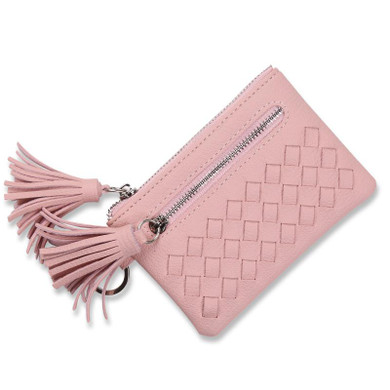 Lovely Tassel Weave Leather Women Mini Wallet Girls Zipper Change Pouch Key Ring Small Purse Money Card Coin Purses Holders Pink