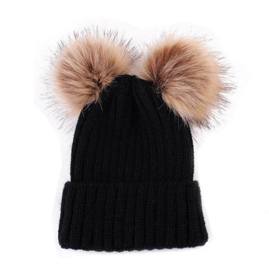 Lovely Mom&amp;Newborn Baby Boy Girls Pompon Winter Caps Warm Double Fur Pom Bobble Knit Beanie Hat parenting fleece crochet Cap