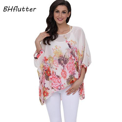 BHflutter 2018 Women Tops and Blouses Plus Size Floral Print Casual Chiffon Blouse Boho Style Batwing Sleeve Summer Shirt Blusas